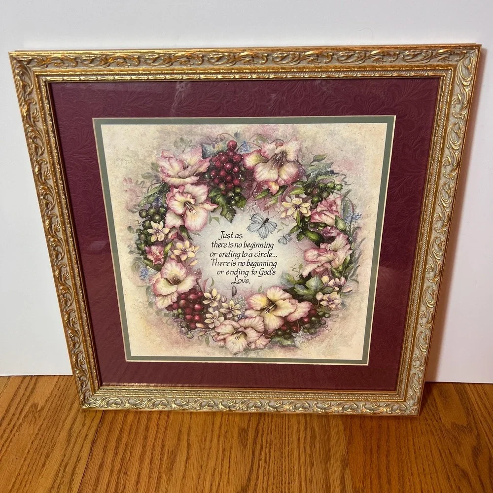 VTG Home Interiors Floral Wreath gold Framed Wall Art Christian Scripture Glass